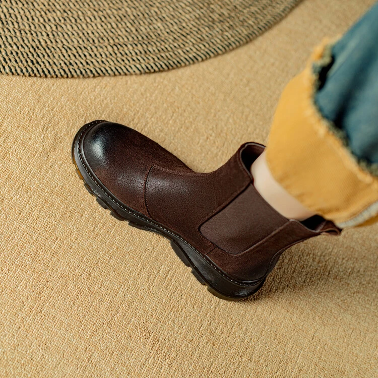 里外纯皮~3.5cm牛皮厚底切尔西靴女圆头马丁靴女英伦风短筒女靴子