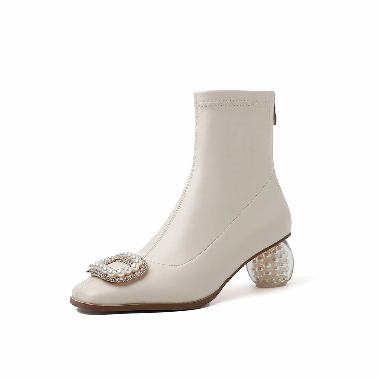 5cm~新款珍珠粗跟中跟短靴小个子显瘦瘦瘦靴白色优雅短筒靴子大码