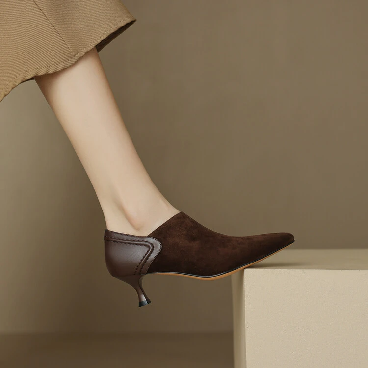 羊皮跟高5cm 法式气质尖头高跟鞋女时尚百搭裸靴细跟深口真皮单鞋