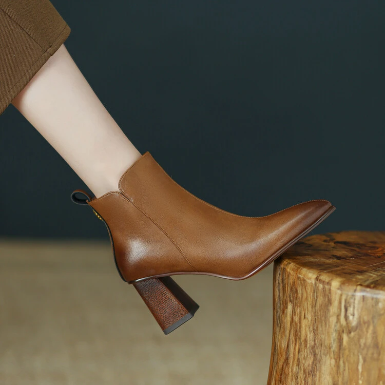 全真皮~7cm牛皮高跟鞋女短靴侧拉链粗跟短筒气质尖头显瘦及踝裸靴