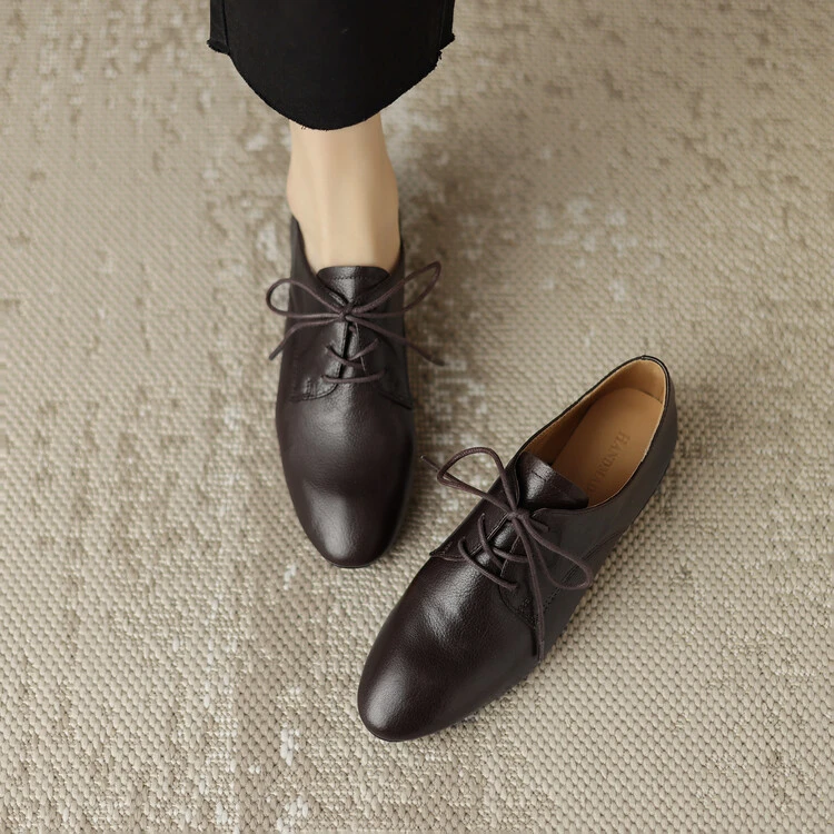 里外纯皮~2.5cm新款真皮复古系带深口平底单鞋女英伦风小皮鞋单鞋