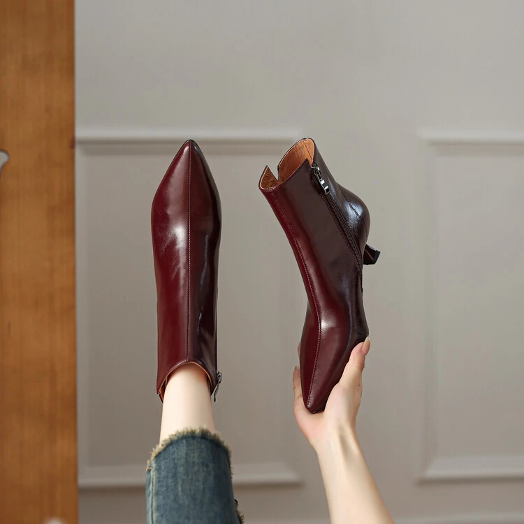 牛皮~5.5cm时尚尖头短靴中跟百搭真皮时装靴法式显瘦侧拉链短靴女