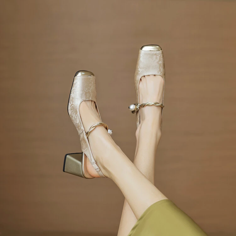 里外纯皮~6.5cm牛皮气质凉鞋百搭夏季中式国风百搭浅口粗跟高跟鞋