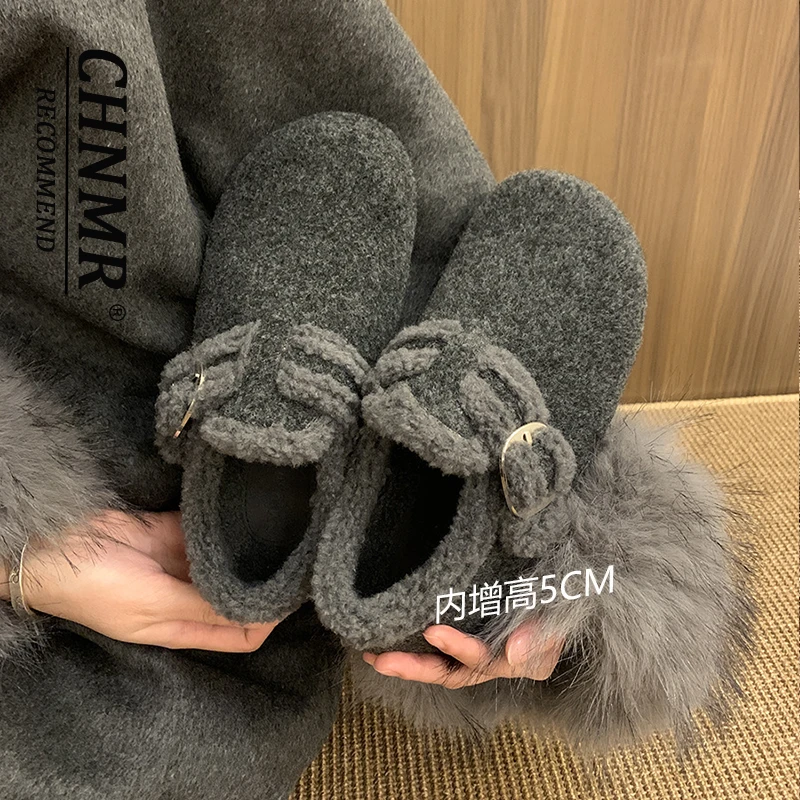 毛毛勃肯鞋女2024秋冬新款复古加绒加厚保暖棉鞋一脚蹬毛呢雪地靴