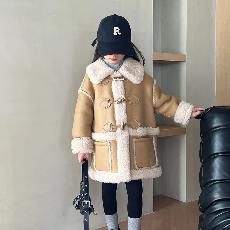 全羊毛儿童皮草外套男女童装牛角扣羊羔毛中长款大衣冬加厚pu皮