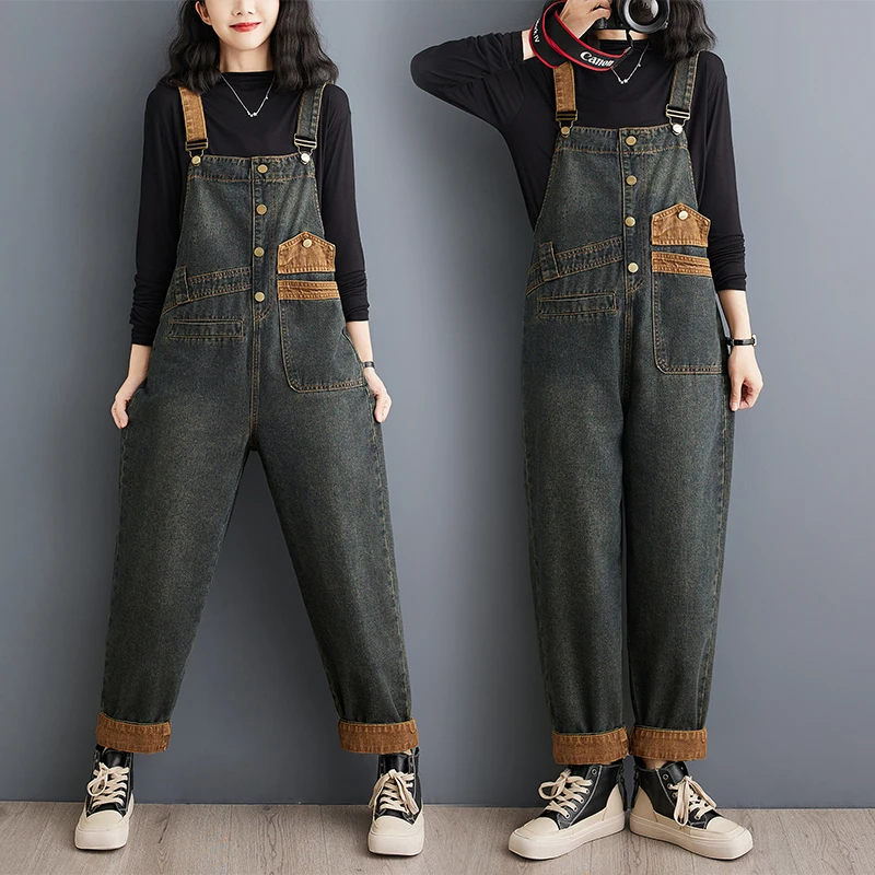 早春新款大码百搭宽松牛仔背带裤九分裤女复古减龄韩版