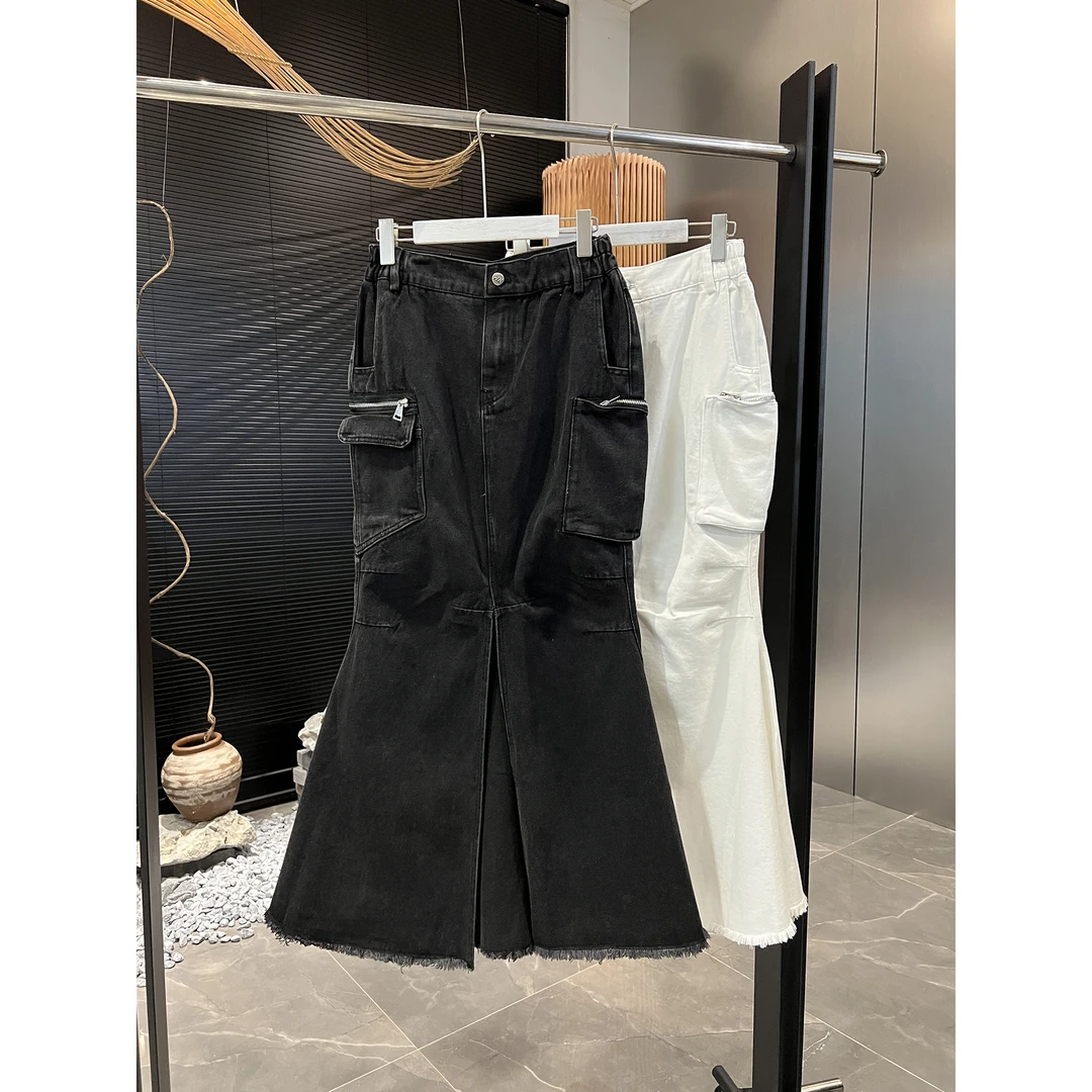 大口袋毛边鱼尾半身裙牛仔裙21530（清）