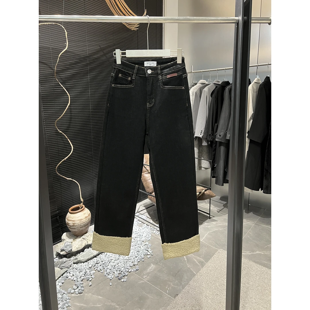 羔毛拼接边 加厚复合绒明线黑色直筒牛仔裤61022（清）