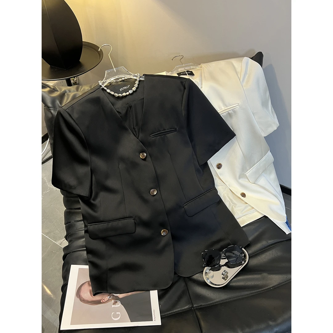 两个色 宽松版光泽短袖西装外套W8802（清）