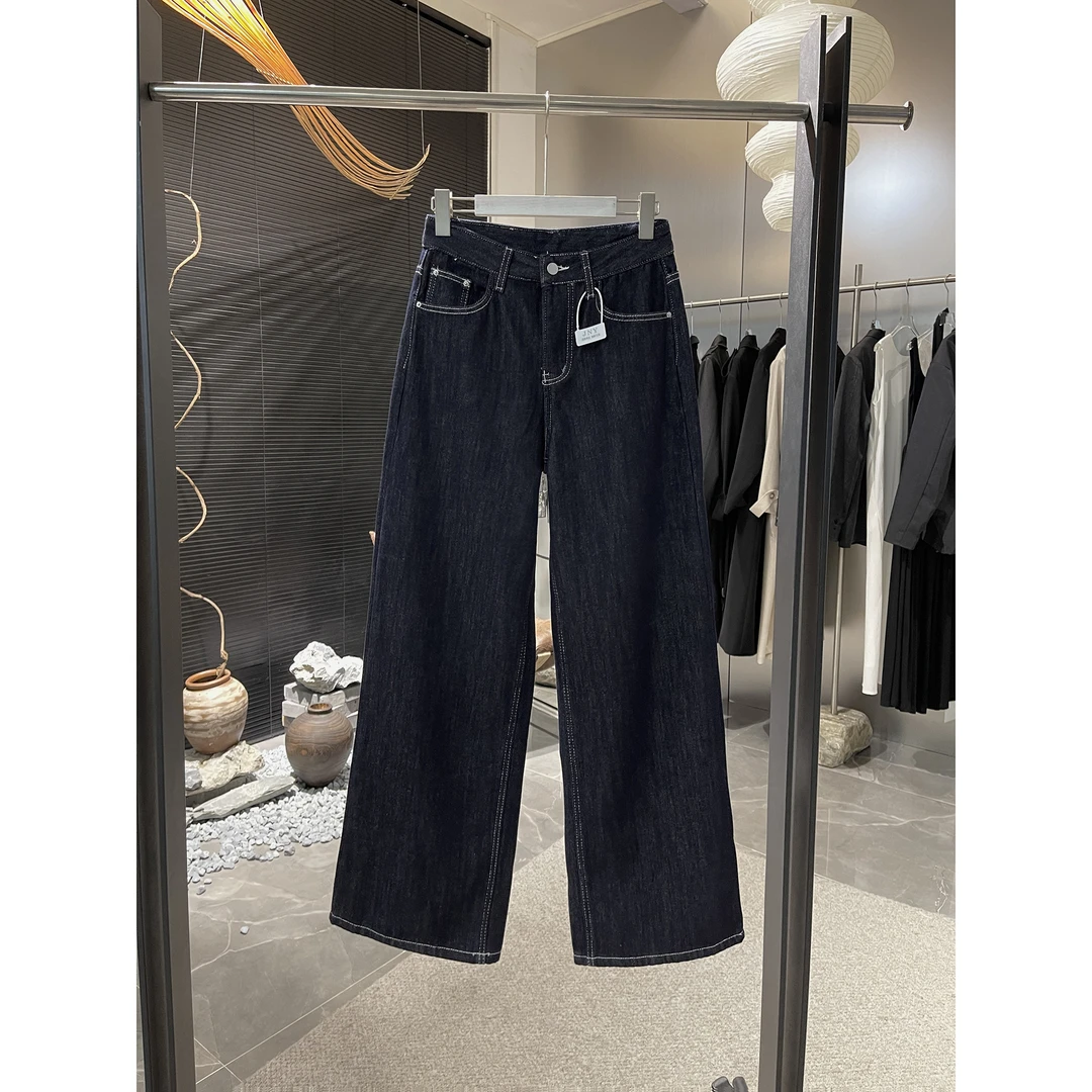 豹纹口袋加厚复合绒深蓝色牛仔裤 5528