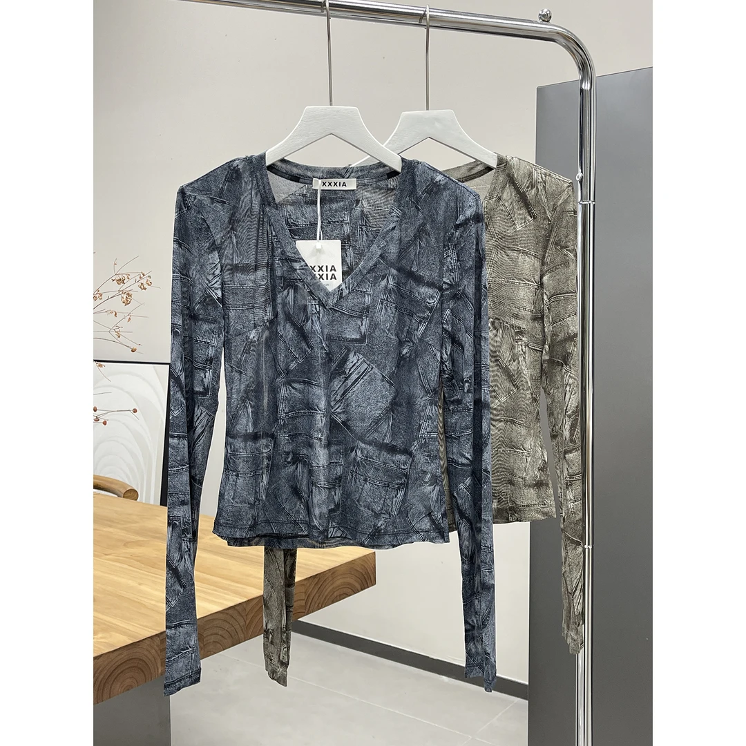 凉爽 防晒 V领印花网纱T恤2528（清）