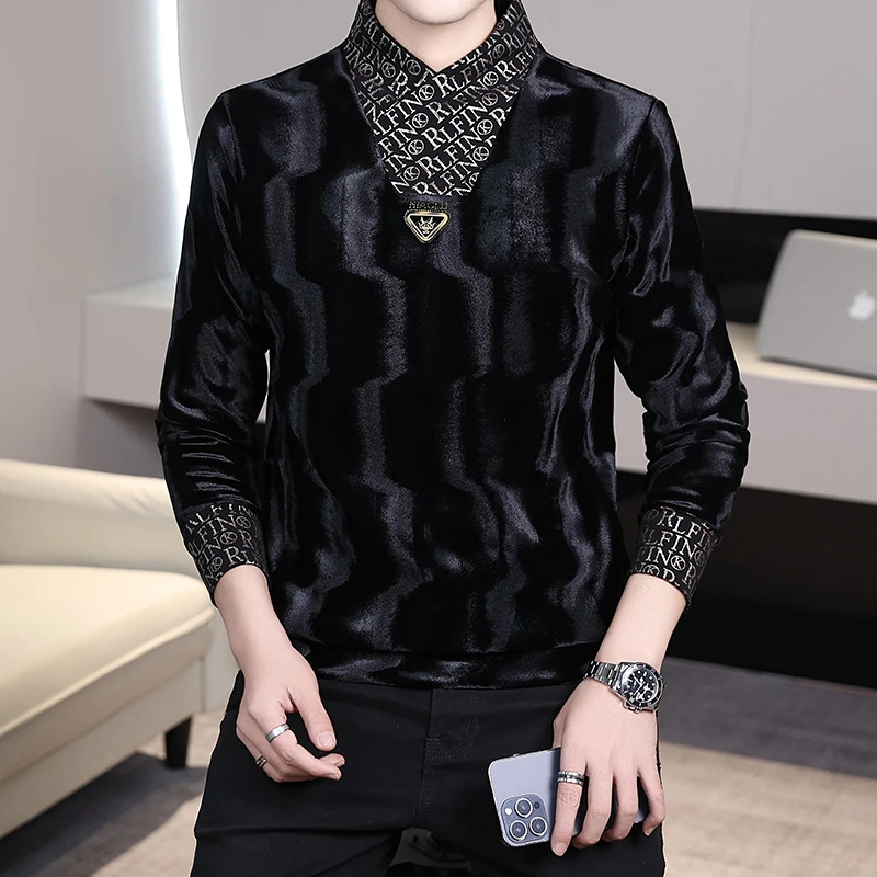 2024冬季青年男士加绒卫衣时尚洋气假两件金丝绒卫衣保暖内搭韩版