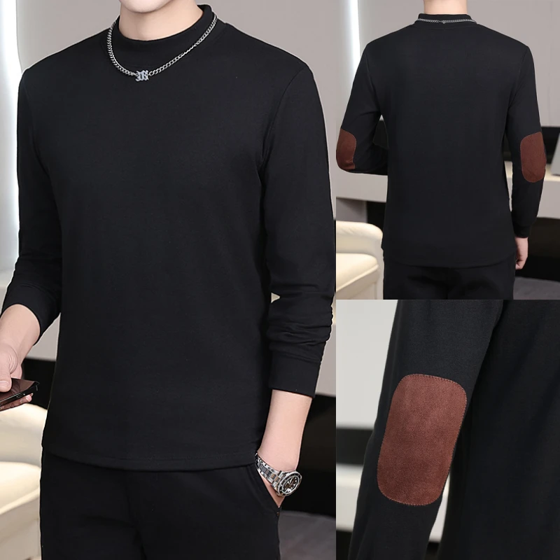 30-50岁冬天男士中青年德绒纯色袖子补丁半高领保暖男装上衣百搭