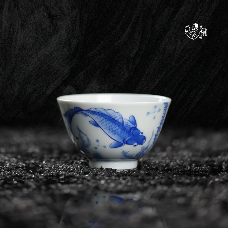 景德镇 恒垣山房 手绘青花 鱼藻纹三秋杯 主人杯 品茗杯 手工茶杯