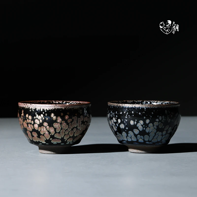 建窑建盏 铁胎原矿釉 彩金盏 蓝油滴盏 茶盏对杯