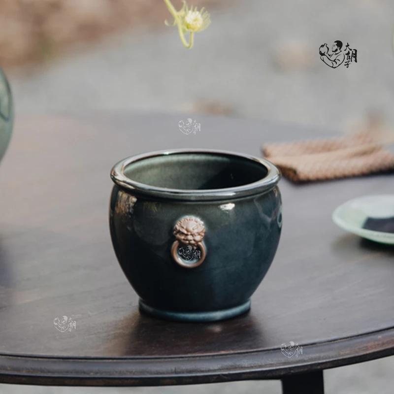 龙泉 土人斋 青瓷「海洋之心系列」辅首缸型建水 兽耳双环水洗