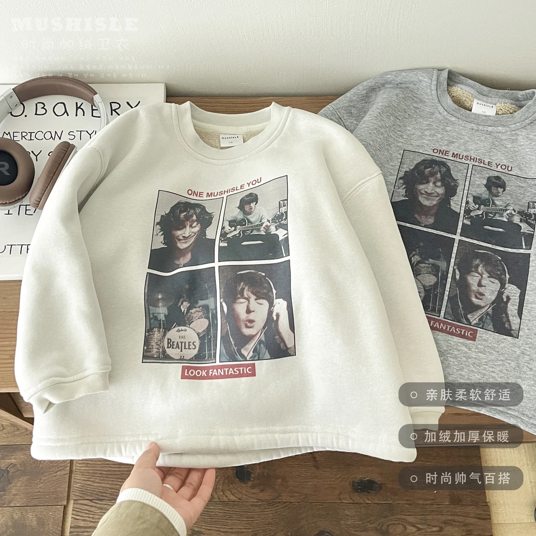 阿又冬季童装男童中大童亲子加绒复古印花卫衣99138D