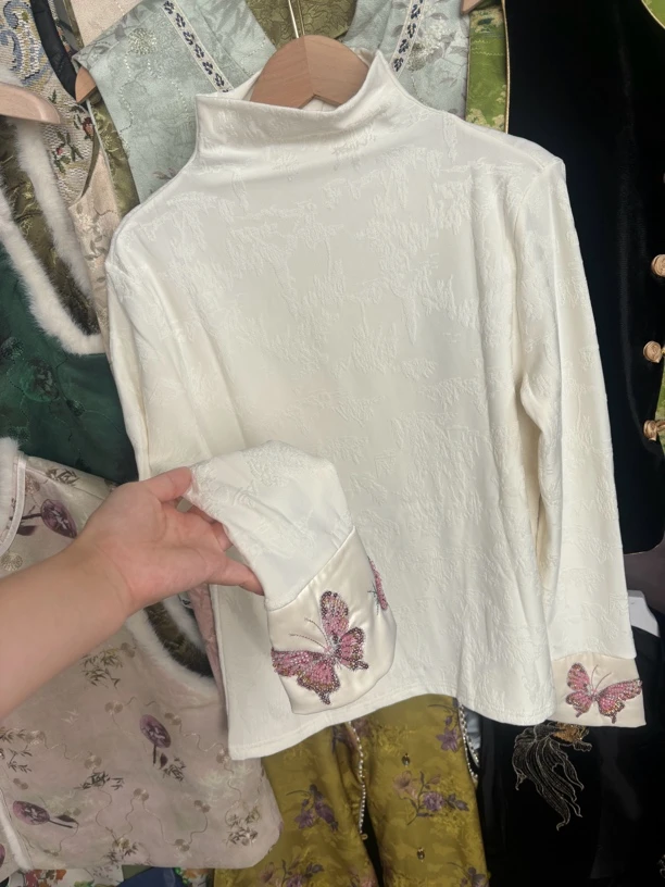 秋冬款加薄绒打底衫半高领内搭蝴蝶袖口简约显瘦