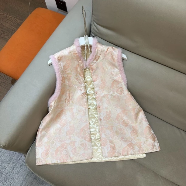 新中式国风扇子毛毛款夹棉马甲