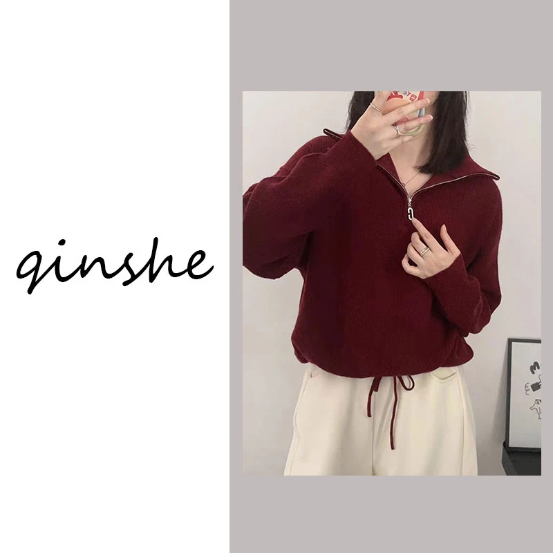 【100羊毛】2024秋冬新款打底长袖针织半拉链双股宽松女款羊毛衫