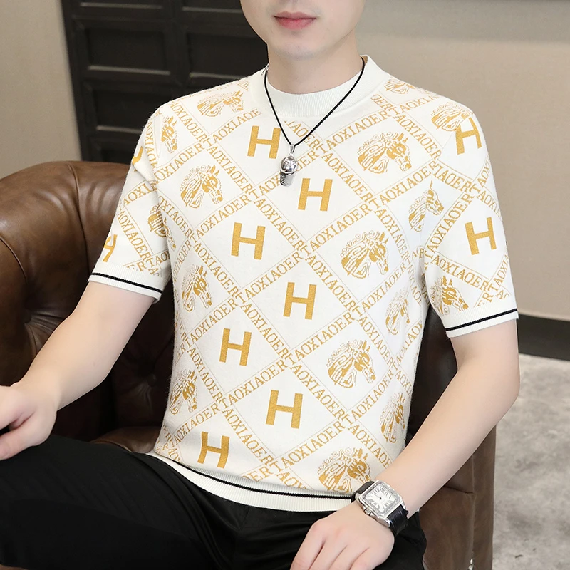 毛衣男秋季新款个性网红字母提花修身帅气百搭圆领短袖针织衫上衣