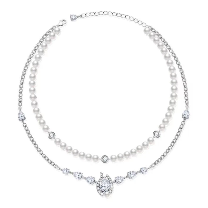 铜合金仿珍珠项链 双层白色水滴项链