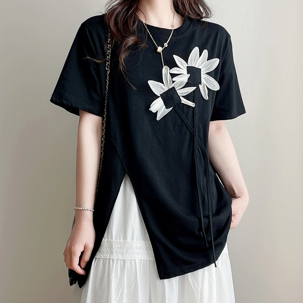 大码女装不规则开叉短袖t恤胖mm设计感圆领黑色正肩上衣时尚半袖