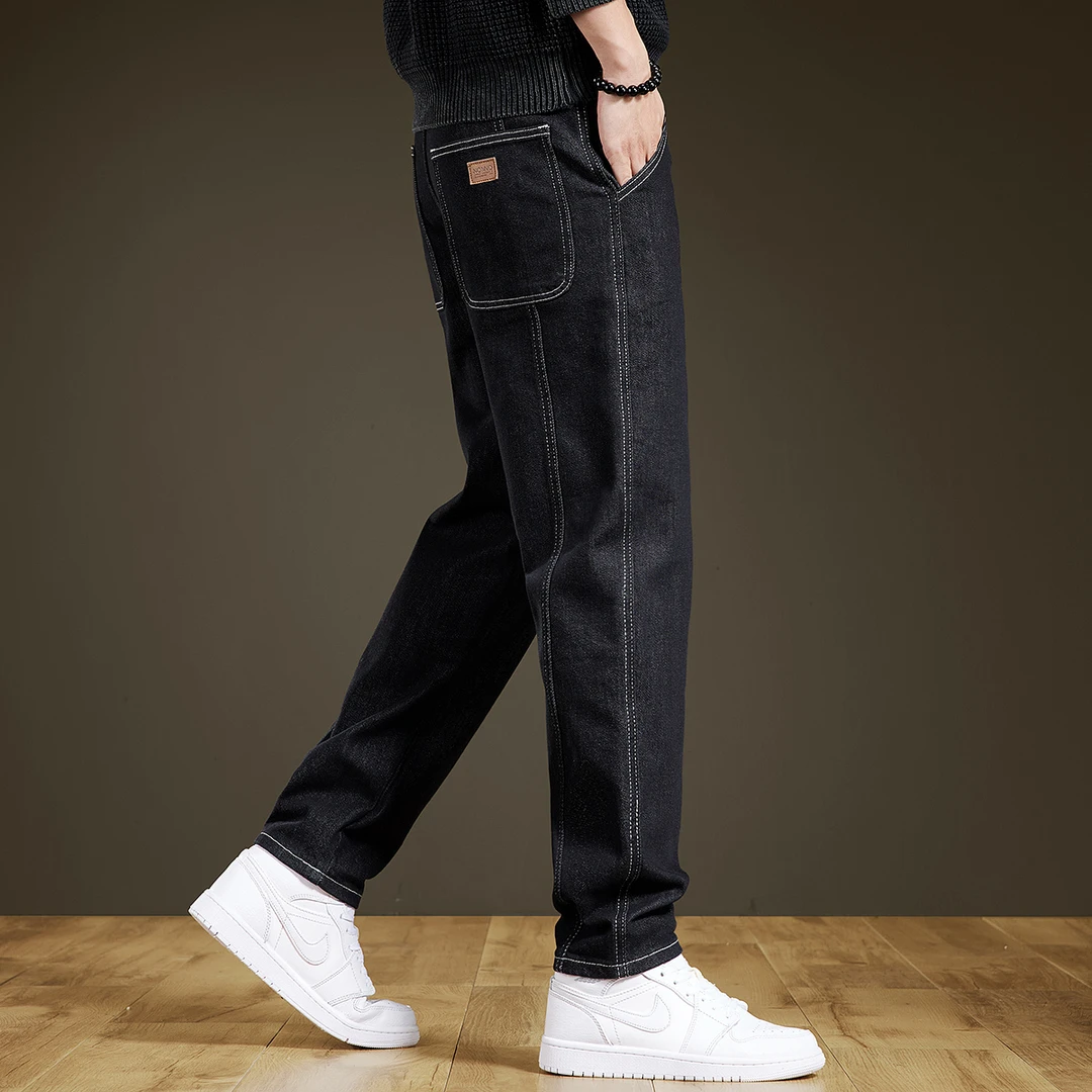 美式重磅简约复古牛仔裤男秋季加绒宽松直筒大码防褪色休闲长裤男