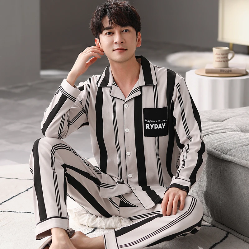 男士睡衣秋冬季纯棉长袖青年男款大码休闲开衫春秋款家居服可外穿