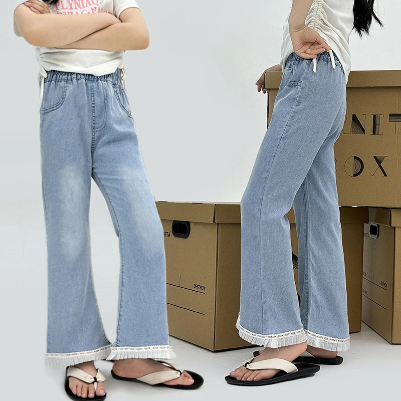 中大童喇叭裤夏季薄款时尚女童天丝牛仔外穿蕾丝花边喇叭裤防蚊裤