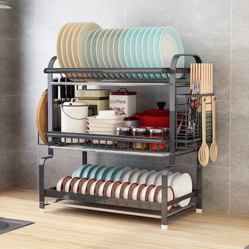 厨房多层家用高温烤漆碗碟置物架台面沥水带提手钢碗多功能沥水架