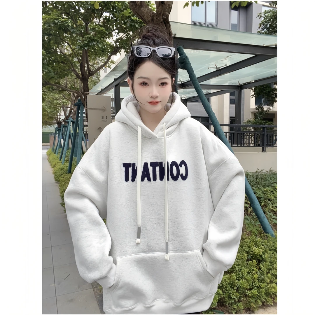 【CON】加绒加厚连帽宽松套头刺绣卫衣2025新款爆款慵懒风宽松上衣