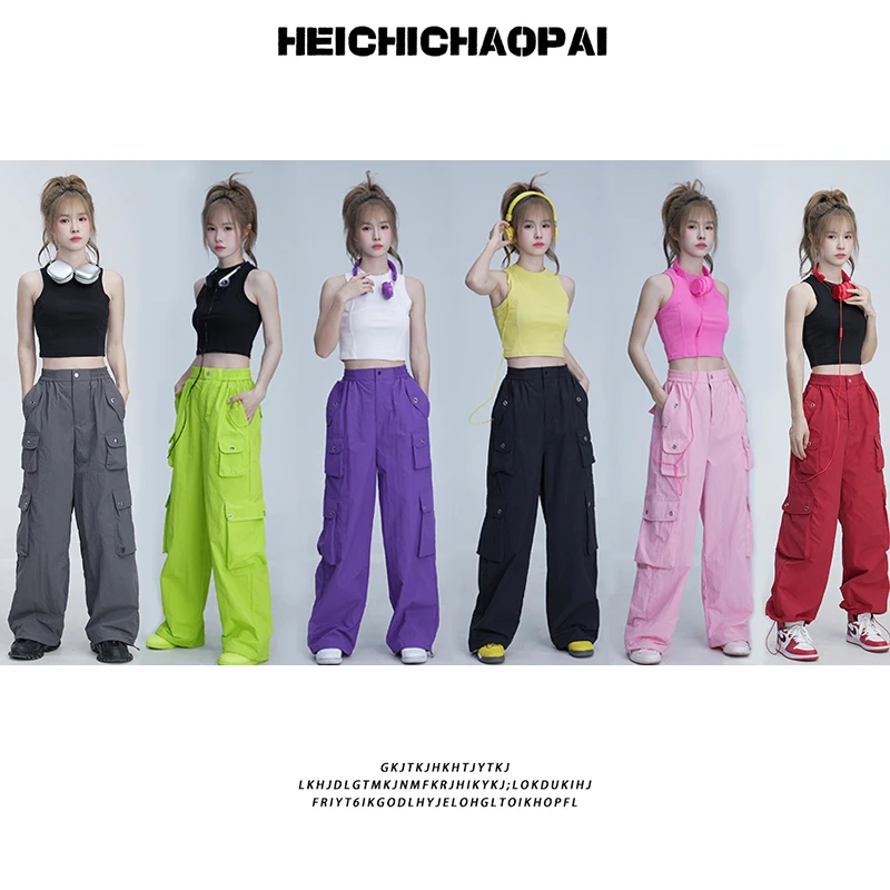 黑迟原创美式辣妹工装裤女夏季宽松大口袋直筒阔腿裤男  K2360