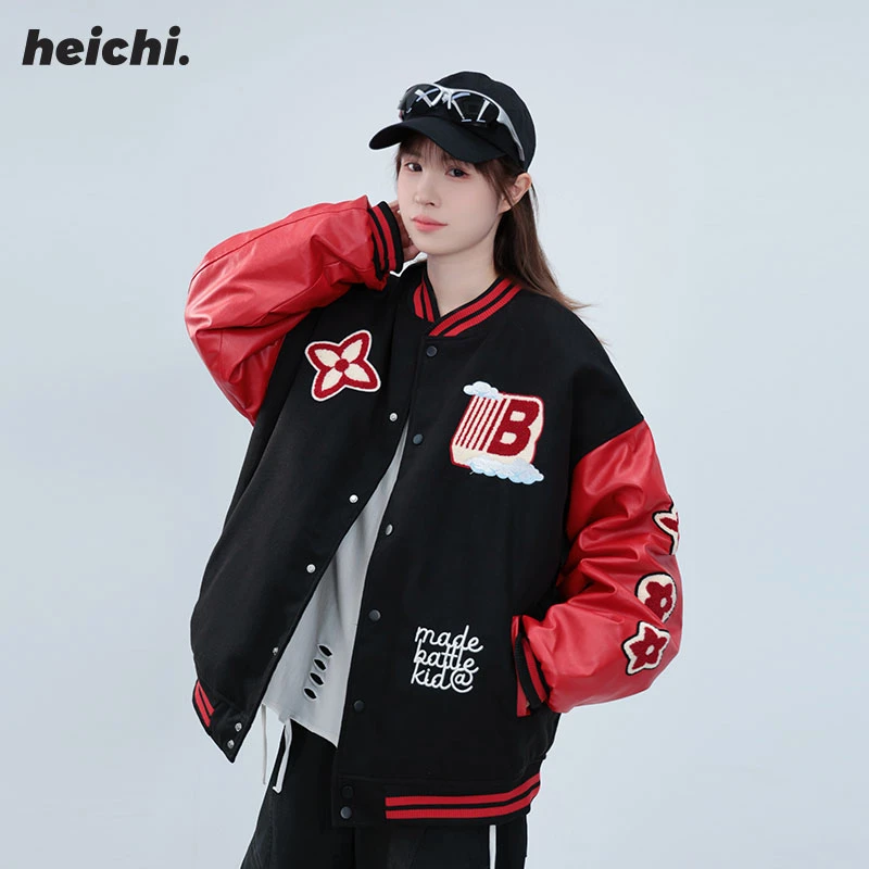 美式拼接PU皮袖棒球服男女冬季国潮宽松夹克棉服情侣装棉衣