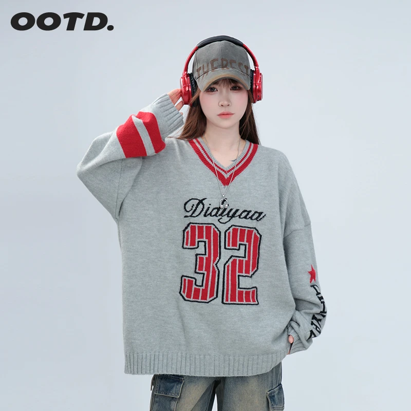 秋冬美式复古高街v领字母印花毛衣宽松球衣风针织衫男女款情侣装