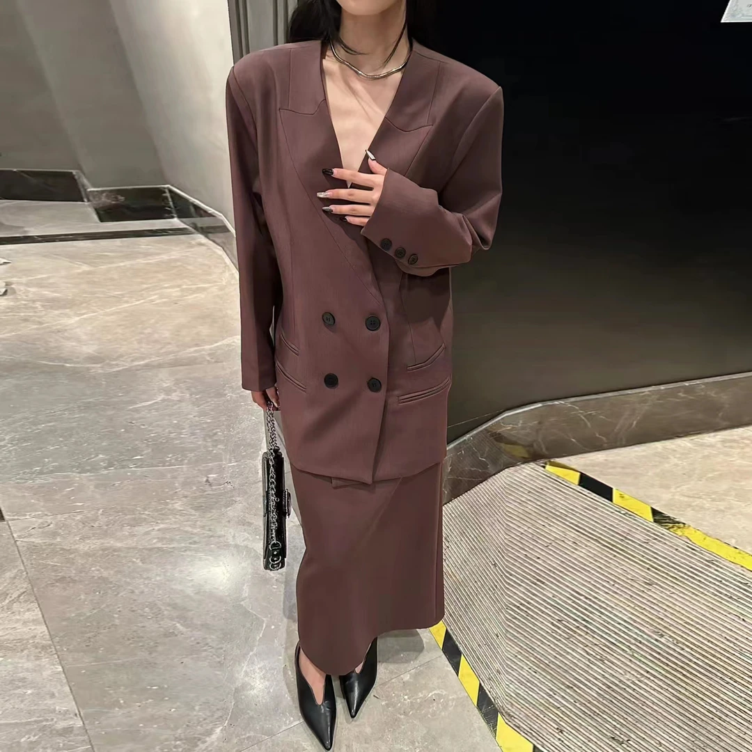 23595秋季西装套裙双排扣百搭咖色西服女士轻奢网红显瘦气质时尚