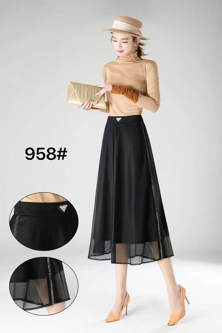 958黑纱裙子中长款高腰松紧垂感大摆裙百搭A字时尚显瘦气质黑色