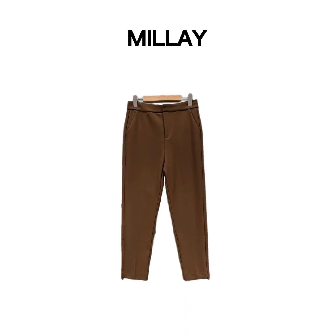 MILLAY/女装推荐 设计师款咖色九分小直筒西裤