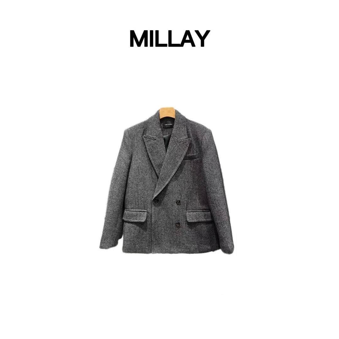 MILLAY/女装推荐 秋冬人字纹时尚百搭粗花呢翻领西装款毛呢短外套