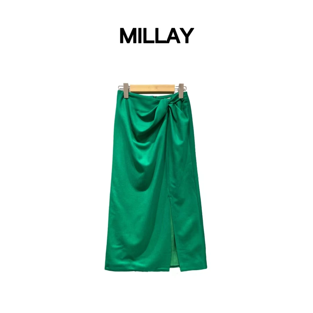 MILLAY/女装推荐 春季新款绿色腰头打结设计师半裙