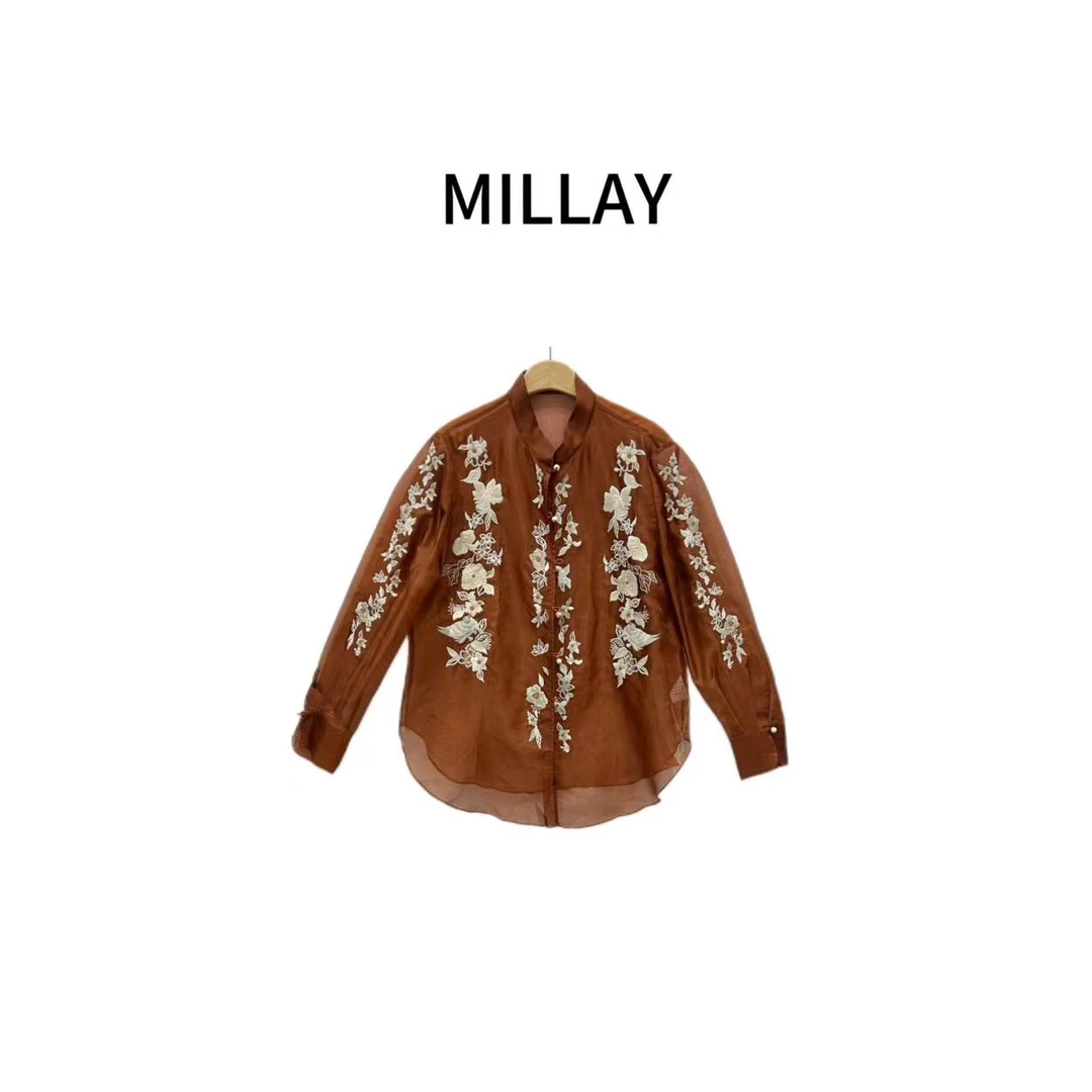 MILLAY-「重工刺绣」西重视美学立领绣花焦糖衬衫