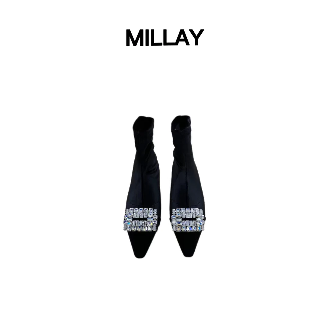 MILLAY/女鞋推荐 秋冬时尚精致质感平底黑色方钻瘦瘦靴袜靴
