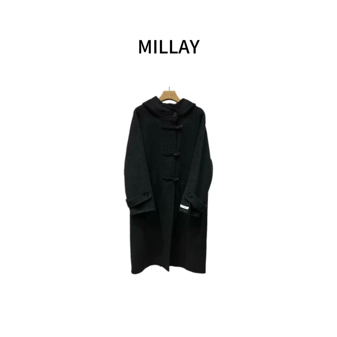 MILLAY-「学院风」减龄牛角扣连帽花灰色大衣外套