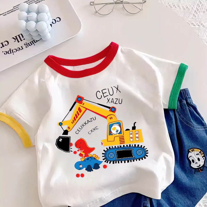 男童女童纯棉T恤宝宝新款儿童夏装洋气卡通挖掘机短袖中小童上衣