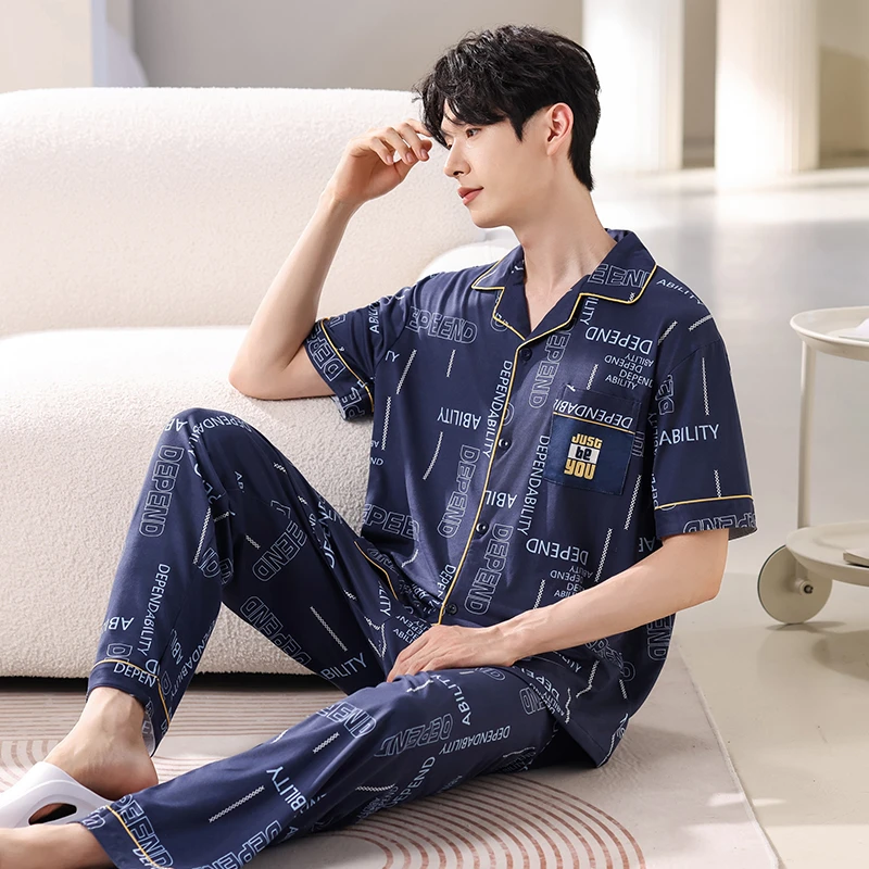 夏季新款睡衣三件套口袋字母潮家居服套装短袖宽松休闲可外穿男士