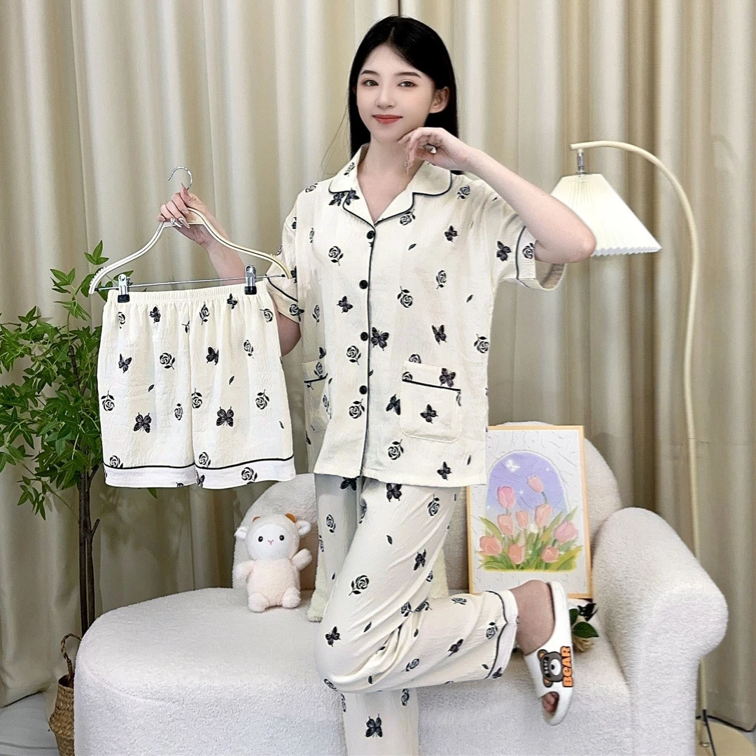 睡衣女三件套舒适新款透气短袖宽松翻领开衫休闲穿家居服套装女士
