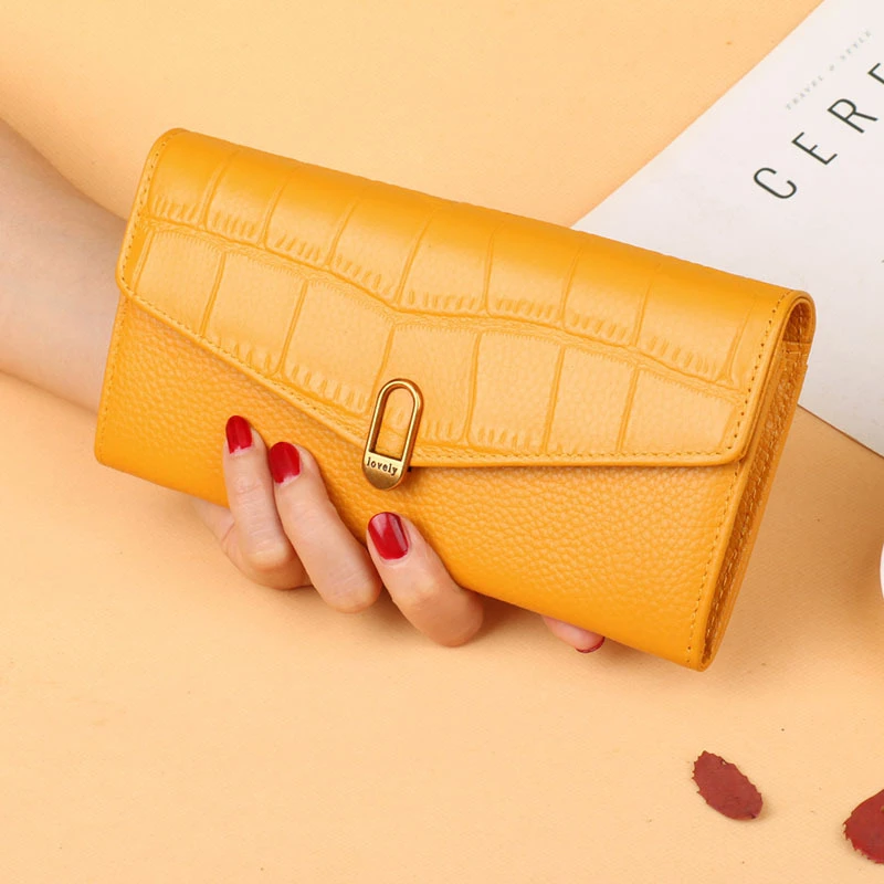 头层牛皮钱包女士长款高档黄色真皮钱夹搭扣气质新款时尚手拿皮夹