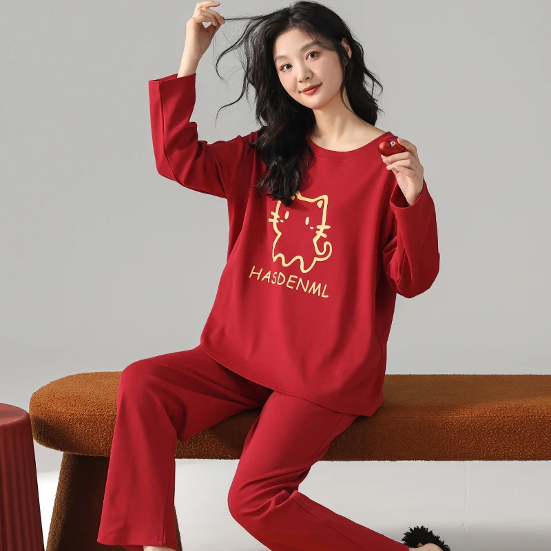浪莎2025新款睡衣女士纯棉春秋季长袖红色喜庆大码套头家居服秋冬