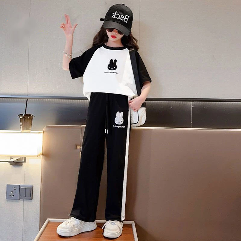 潮牌女童夏季套装2023新款儿童洋气时髦中大童长裤短袖运动两件套