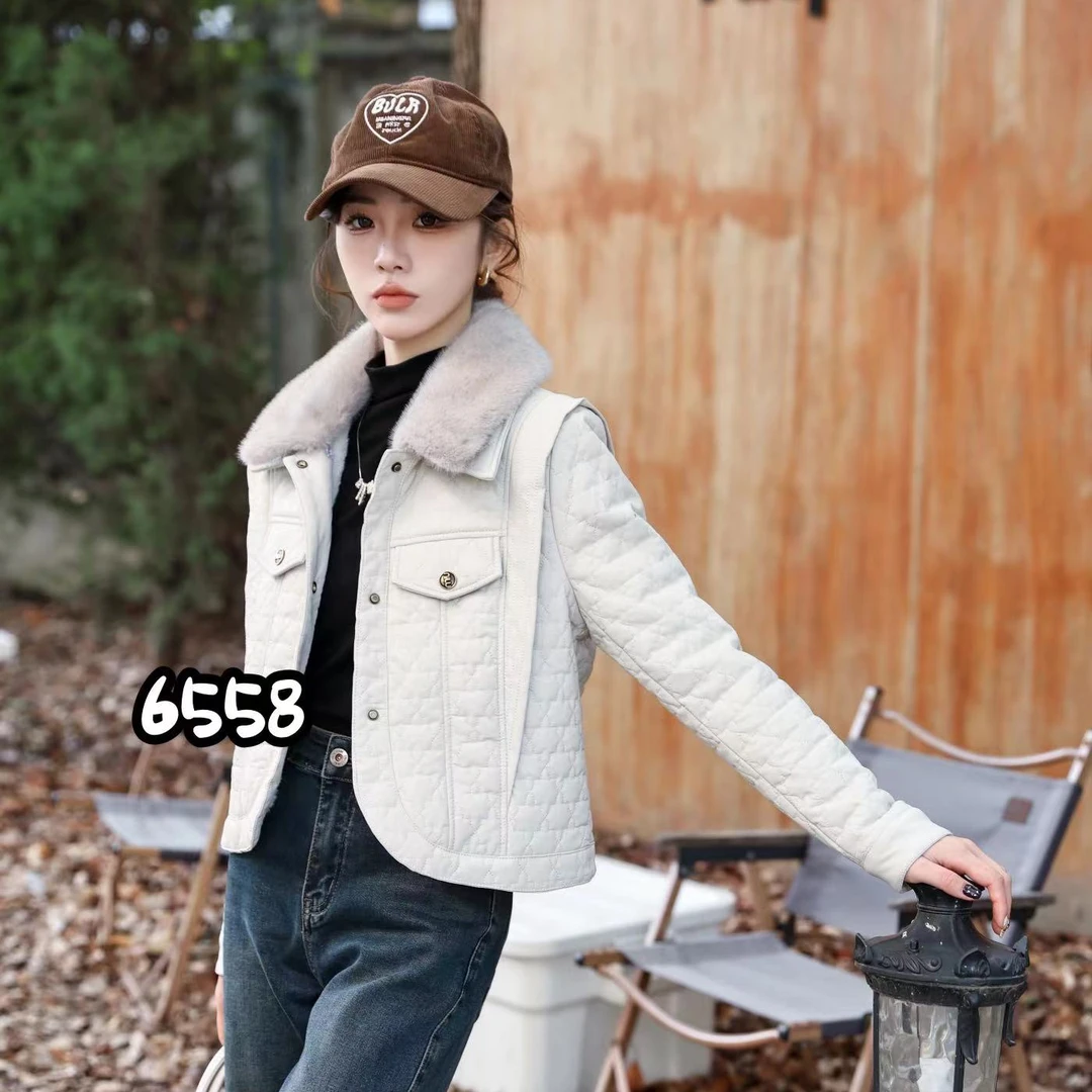6558 皮衣女加绒韩版小个子翻领外套2024冬季时尚短款女士棉服